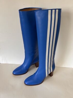 GUCCI x Adidas Blue Leather 73Mm Knee High Stripe Boots Size 9 NIB 715584